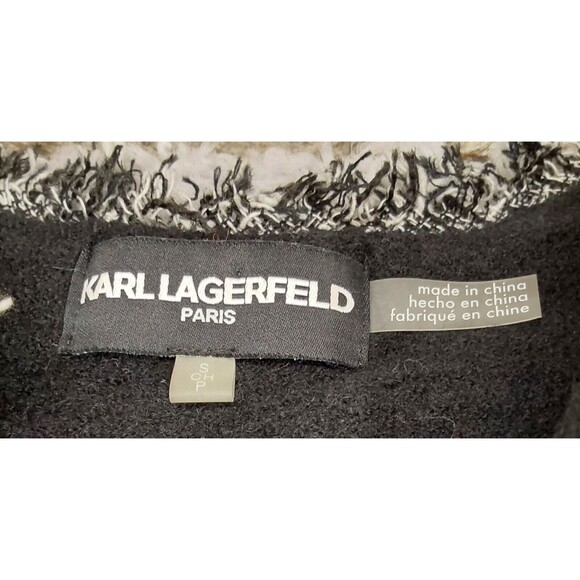 Karl Lagerfeld Womens Cardigan Wool Blend Pockets Tweed Fringe Black Old Money S - Picture 3 of 12